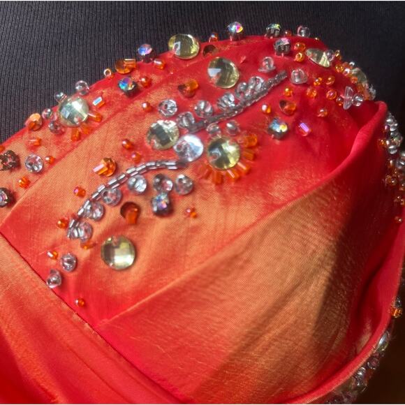 Y2K Orange Iridescent Beaded Fairy Glam Strapless Maxi Dress S Neon Prom Femme - Picture 2 of 9